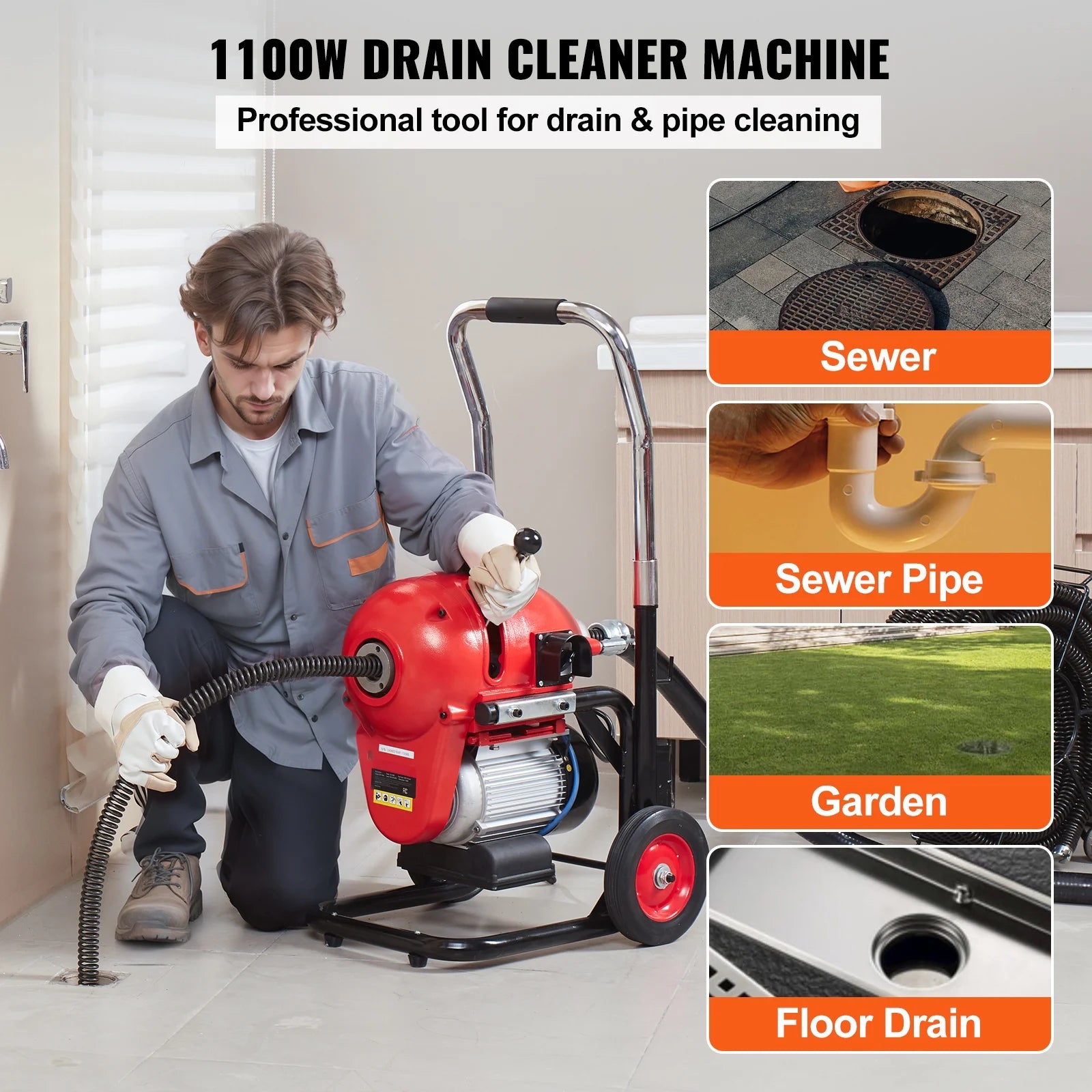 KFFKFF Drain Cleaning Machine, 120FT x 6/5 Inch, 1100W, Manual Operation - Includes 2 Steel Cables, 6 Blades, and Dual-Direction Control for Pipes 4"-8"
