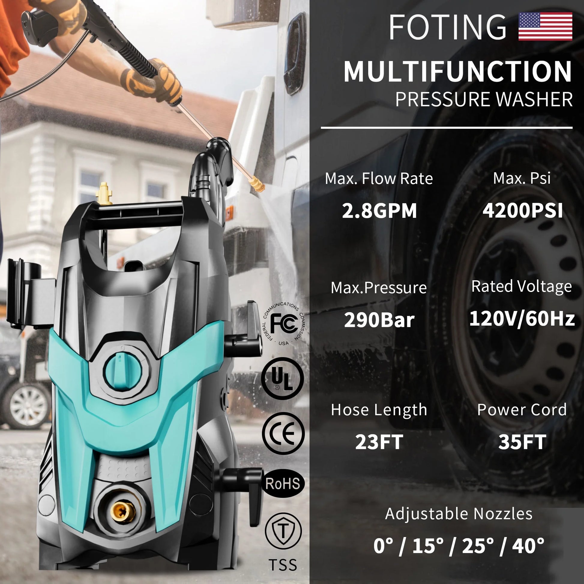 Electric Pressure Washer, 4500 PSI 3.2 GPM Power Washer with 4 Quick Connect Nozzles, High Pressure Cleaning Machine with Foam Cannon for Cars/Fences/Driveways/Patios/Home Cleaning