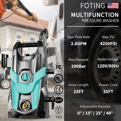 Electric Pressure Washer, 4500 PSI 3.2 GPM Power Washer with 4 Quick Connect Nozzles, High Pressure Cleaning Machine with Foam Cannon for Cars/Fences/Driveways/Patios/Home Cleaning