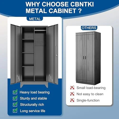 Metal Storage Cabinet, Black Broom Storage Cabinets with Doors and Shelves, Tall Garage Tool Cabinet, Lockable Cleaning Closet Storage Cabinet for Home, Office, Laundry Room, Warehouses
