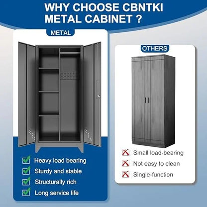 Metal Storage Cabinet, Black Broom Storage Cabinets with Doors and Shelves, Tall Garage Tool Cabinet, Lockable Cleaning Closet Storage Cabinet for Home, Office, Laundry Room, Warehouses