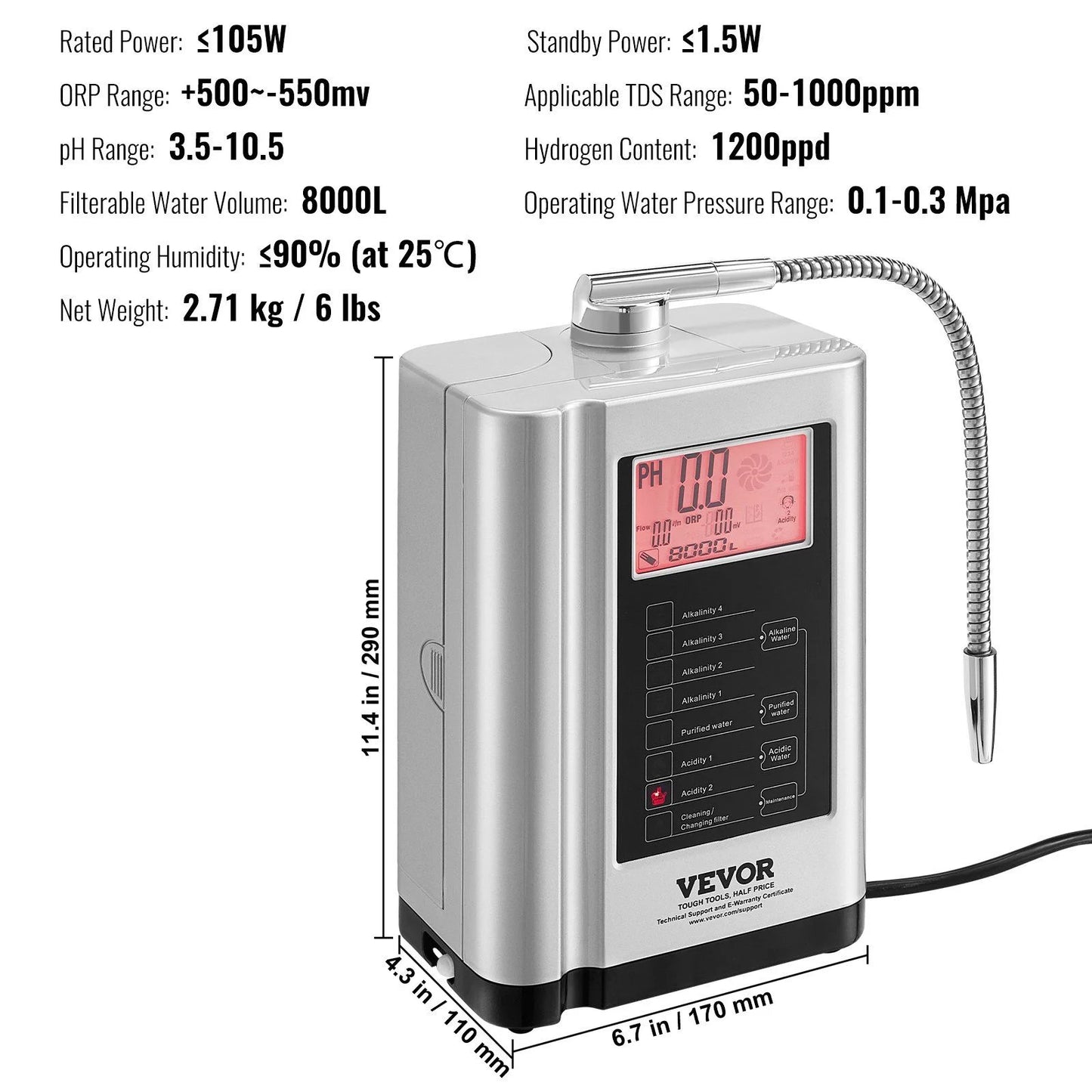 Alkaline Water Ionizer Machine, pH 3.5-10.5, Hydrogen Water Purifier, 7 Settings, -550mV ORP, 8000L Filter, Auto-Cleaning, White