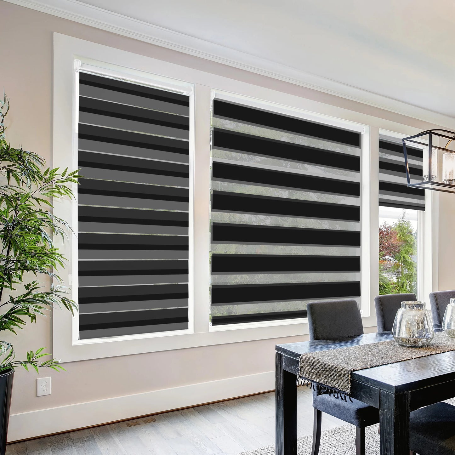 Zebra Cordless Window Blinds, Dual Layered Light Filtering Roller Shades, Easy Install Blinds, Indoor Home Decor, Pull-Down Shades for Windows, Light Control for Day & Night, Black, 22"W X 72"H