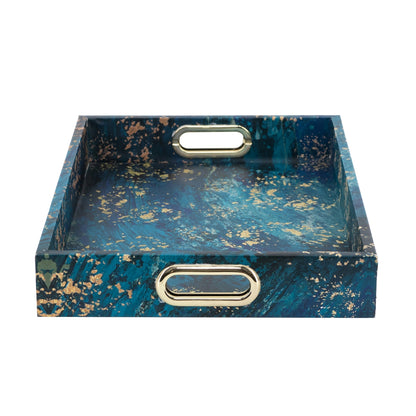 A&B Home Decorative Tray with Handles - Modern Minimalist Style Faux Leather Set of 2 Perfume Tray for Ottoman Couch Centerpiece Table D??cor, Blue