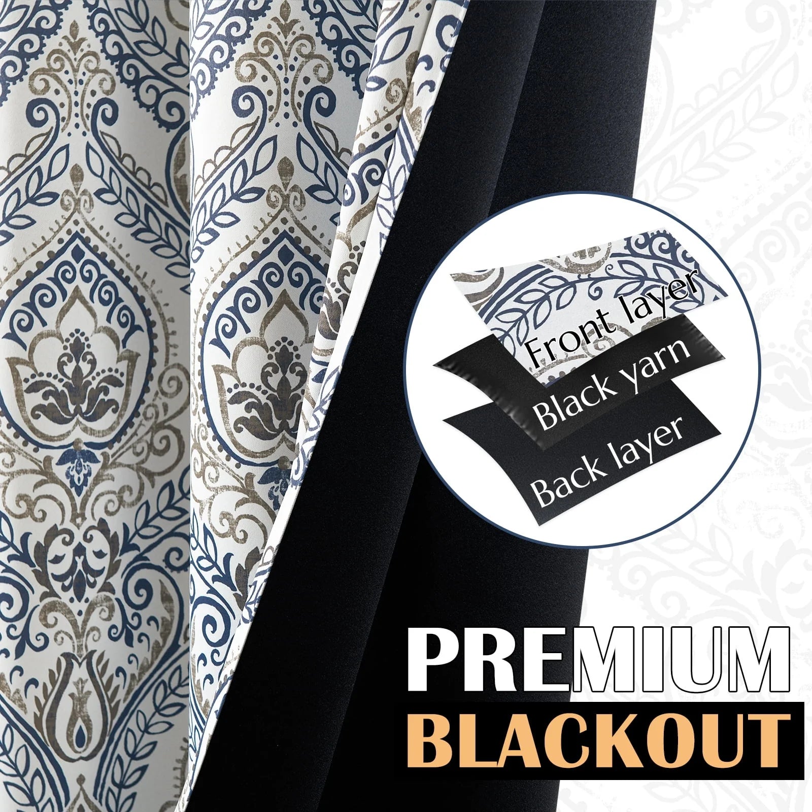 Curtainking 100% Blackout Curtains 84 in Blue Damask Medallion Window Curtains for Bedroom Grommet Thermal Insulated Drapes for Living Room Vintage Luxury Window Treatments Set 2 Panels
