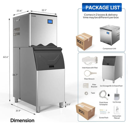 ROVSUN 400LBS/24H Commercial Ice Maker Machine, Commercial Ice Machine with LCD Touch Control Panel, Automatic Cleaning & 265LBS Storage Bin for Restaurant Bar Coffee Shop Home Supermarket
