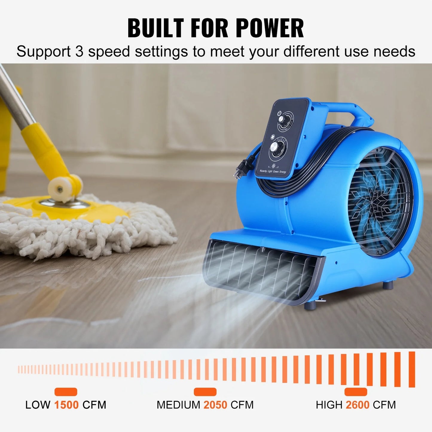KFFKFF Ground Fan, 1/2 HP, 2600 CFM Air Circulator for Evaporation and Temperature Reduction, Compact Rug Drying Device with Quad Directional Airflow and Timer Feature, Suitable for Cleaning Services
