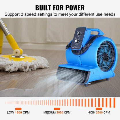 KFFKFF Ground Fan, 1/2 HP, 2600 CFM Air Circulator for Evaporation and Temperature Reduction, Compact Rug Drying Device with Quad Directional Airflow and Timer Feature, Suitable for Cleaning Services