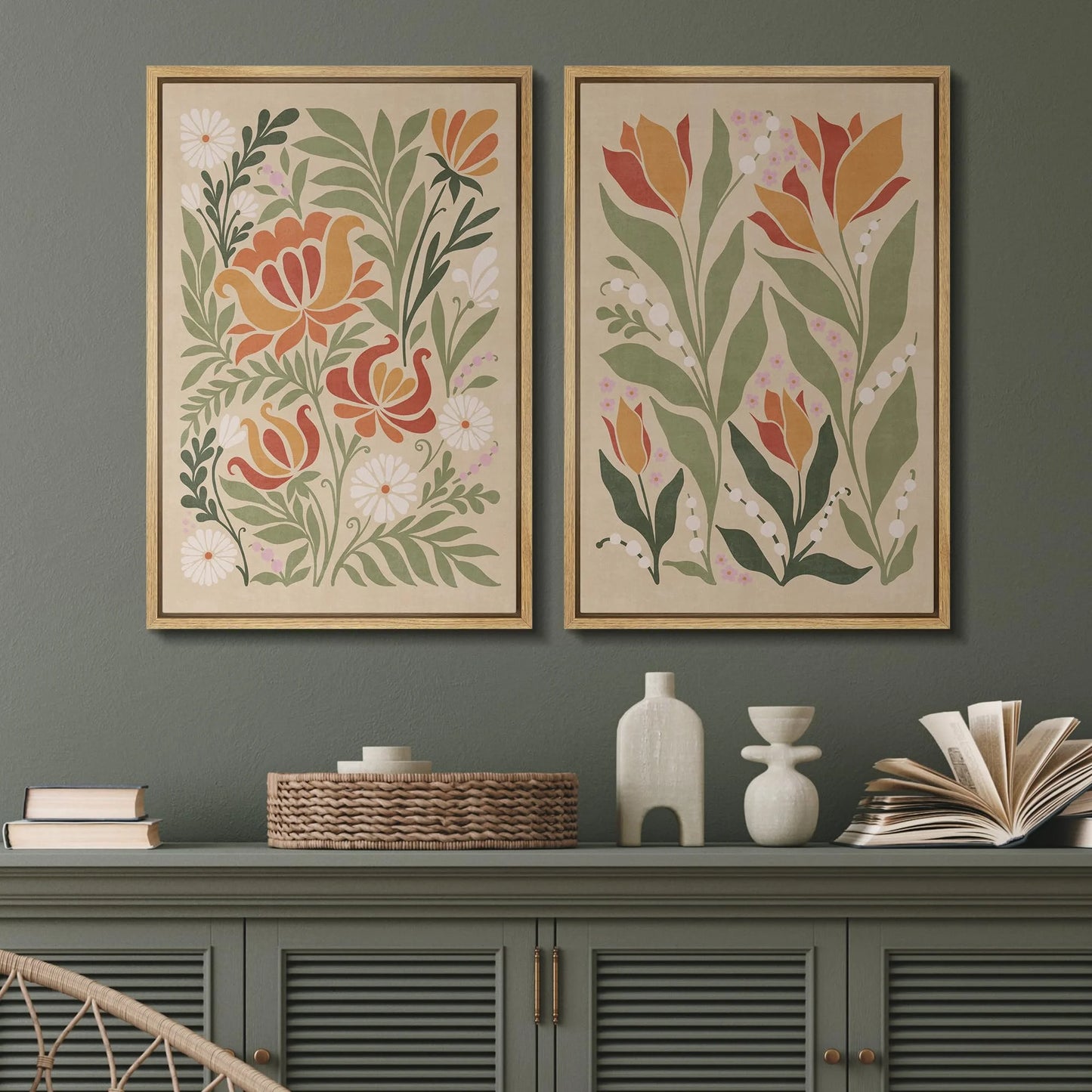 IDEA4WALL Framed Canvas Print Wall Art Set Vintage Floral Classic Botanical Illustration Abstract Garden Flowers Boho Art Modern Wall Decor Colorful Chic Artwork for Home Decor - Natural 24"x36"x2