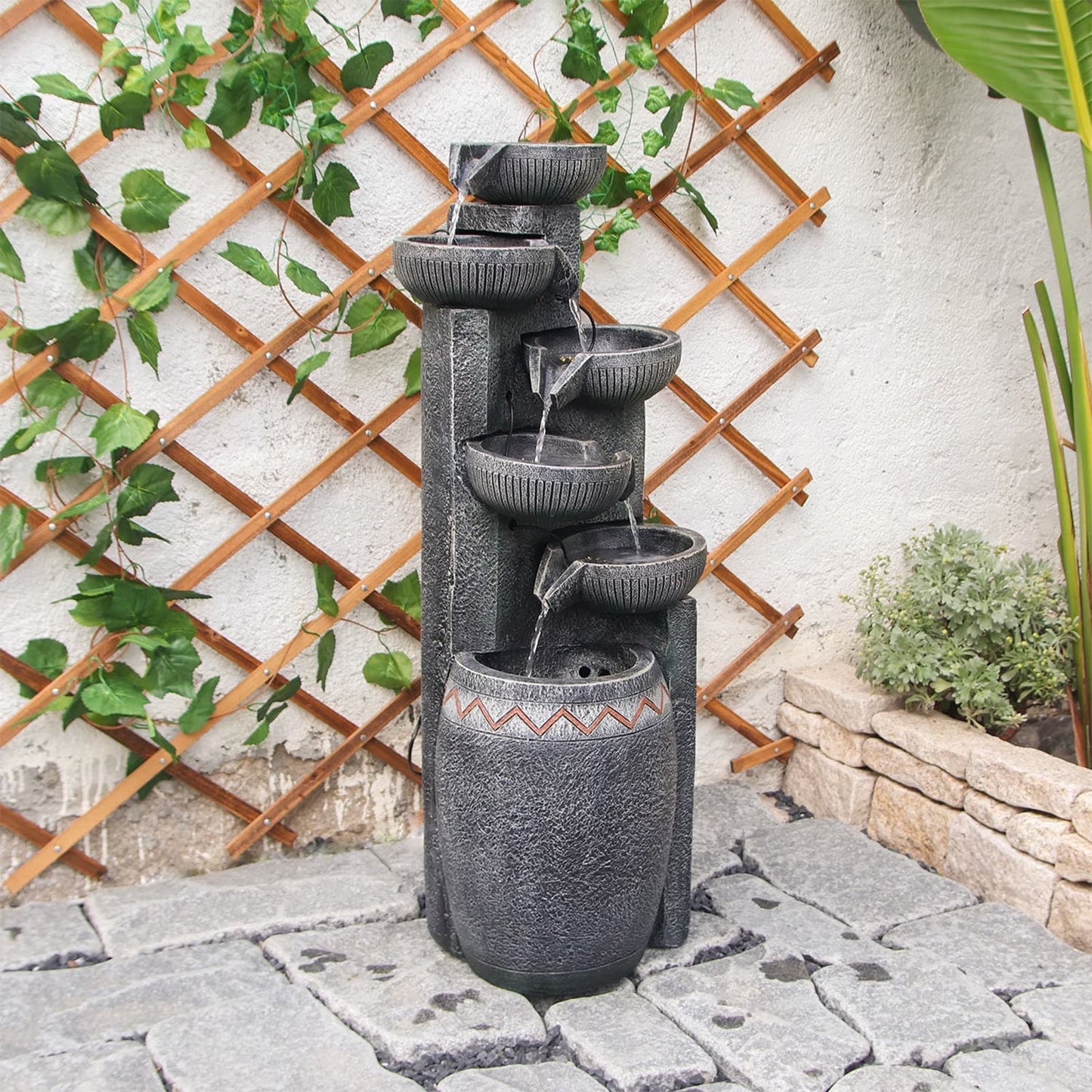 35.83''H Outdoor Indoor Garden Water Fountain 6-Tiers Modern Floor Standing Water Feature Waterfall Fountains with LED Lights for Yard Porch Deck Patio Home Decor