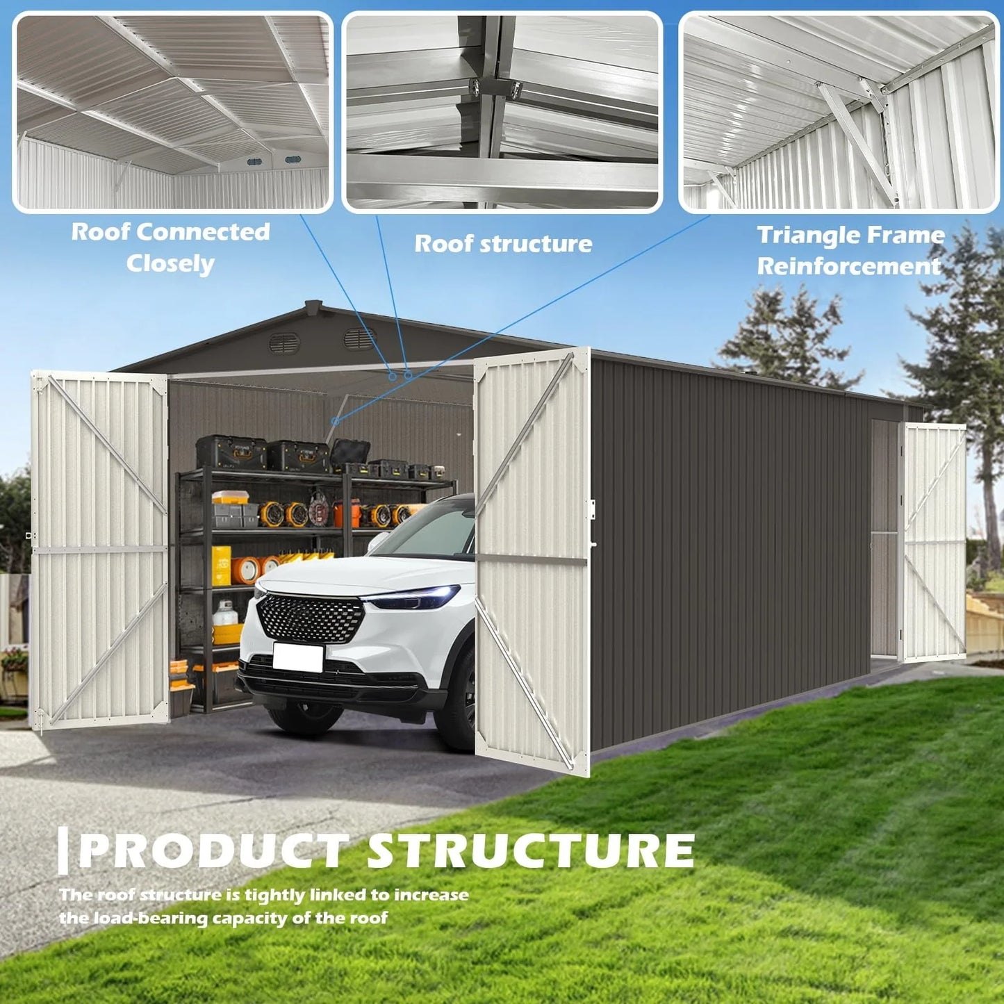 Chery Industrial 13 Ft. X 20 Ft. Dark Grey Metal Garden Storage Shed Building Car Garage