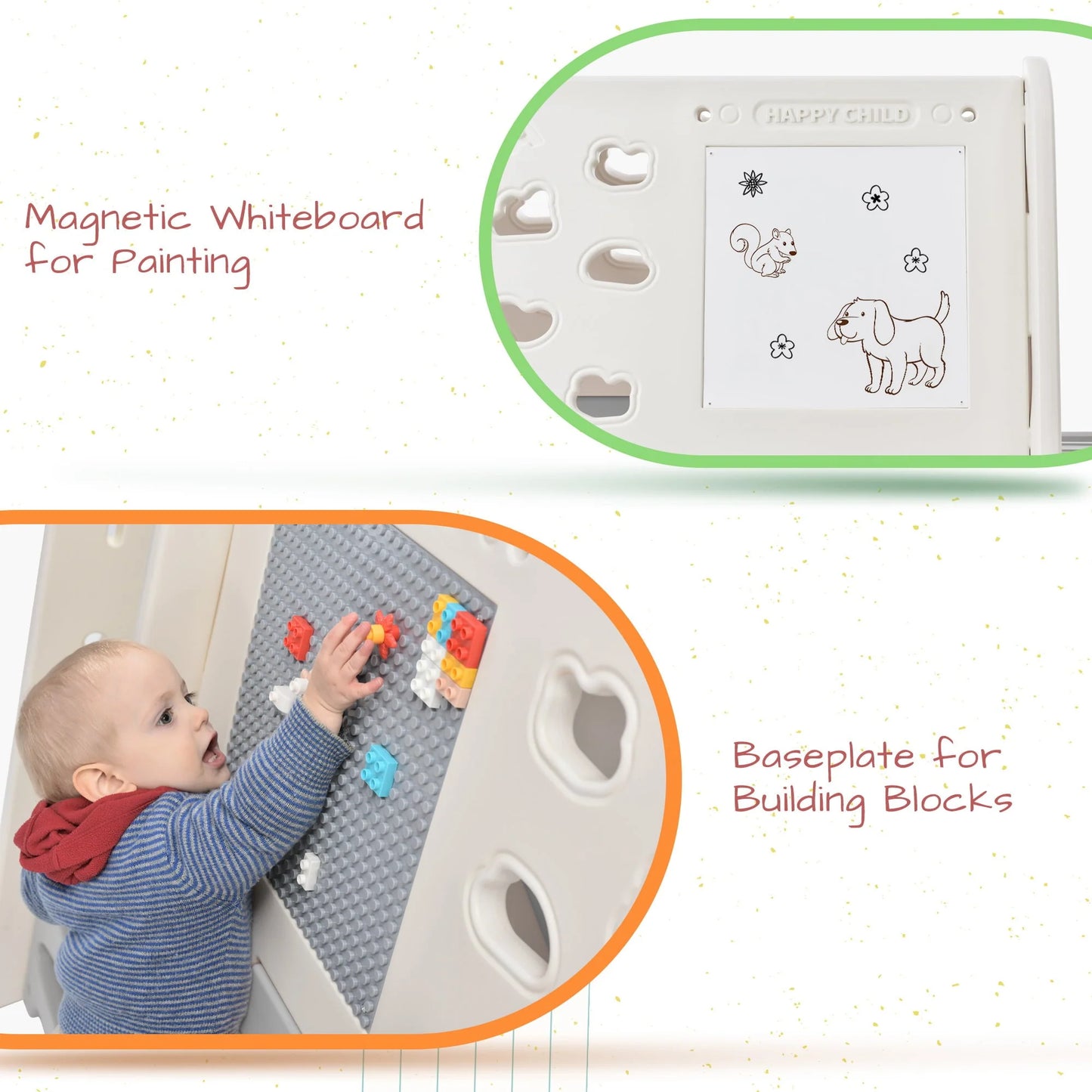 DORROM 5-in-1 Toddler Basketball Hoop Set, Kids Playground Climber Playset with Tunnel, Climber, Whiteboard,Toy Building Block Baseplates, Combination for Babies