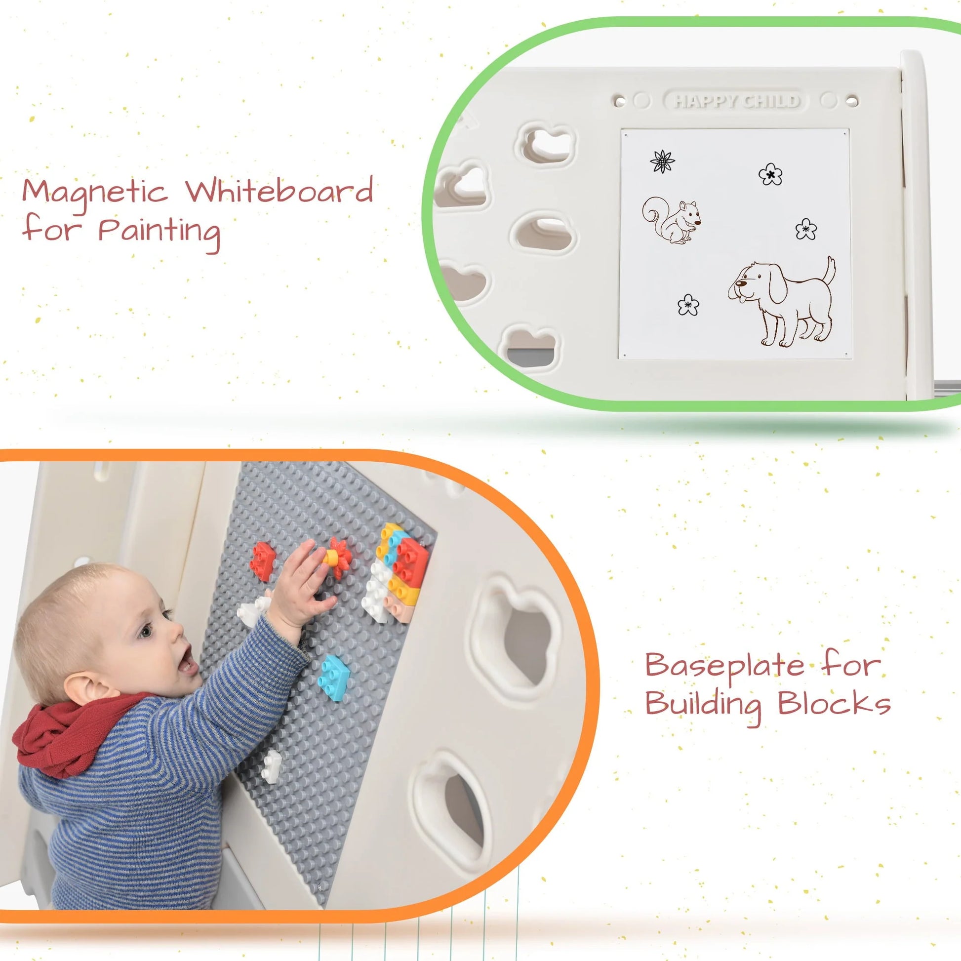 DORROM 5-in-1 Toddler Basketball Hoop Set, Kids Playground Climber Playset with Tunnel, Climber, Whiteboard,Toy Building Block Baseplates, Combination for Babies