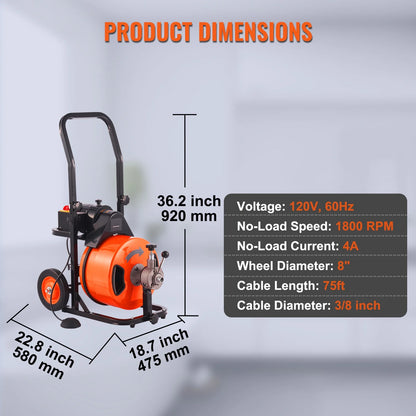 BENTISM Drain Cleaning Machine 75 ft x 3/8 in Electric Drain Auger Drain Cleaner Machine Auto Feed