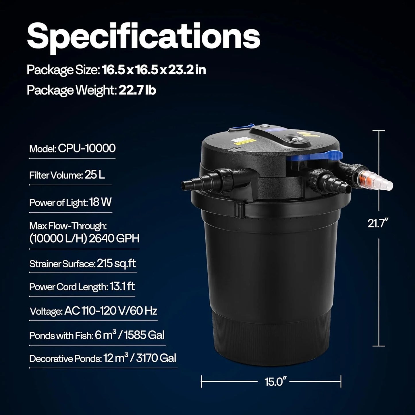 SPECSTAR 2110GPH Auto-Cleaning Pressurized Bio Pond Filter with 13W Light, Timer, Multi-Size Adapters for Koi Ponds up to 1057 Gallons or Ornamental Ponds up to 2113 Gallons
