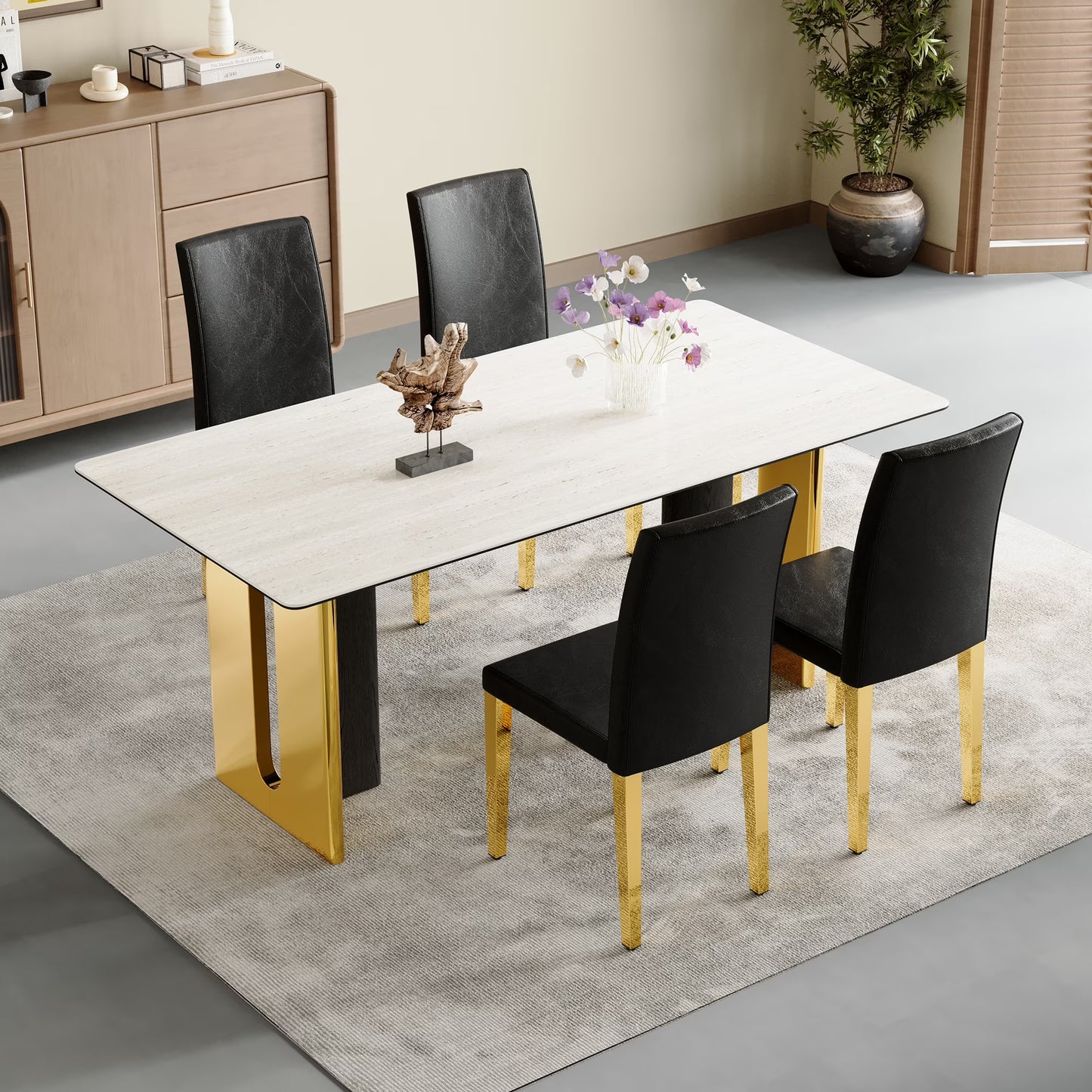 Set of 4 black PU leather backrest chairs with gold metal legs -A perfect pairing, ideal for minimalist and modern home decor styles, with product dimensions of 16.2*18.5*34.6 inches.