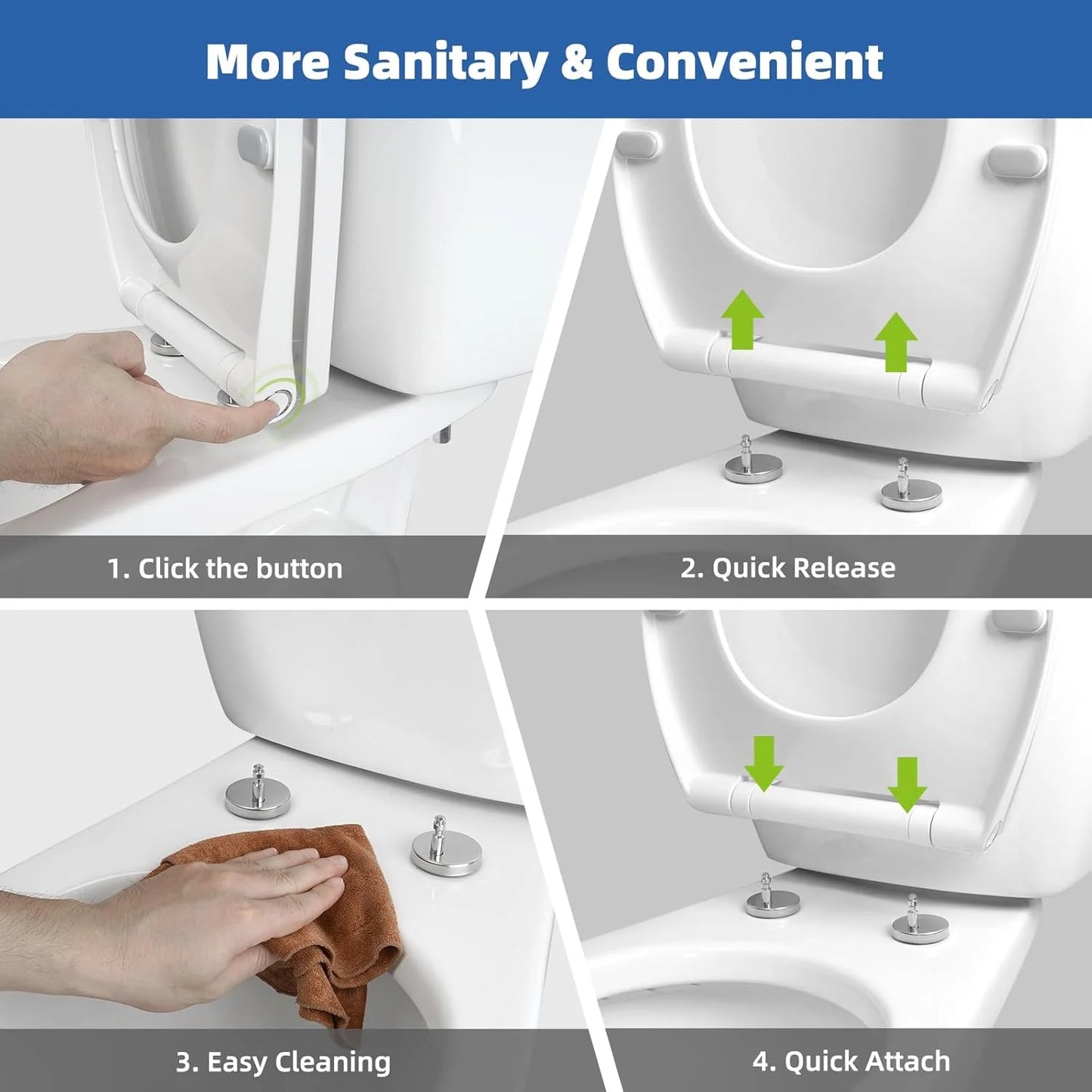 Elongated Toilet Seat with Softclose Cover, One-Click to Quick Release, Easy Installation & Cleaning, Compatible with TOTO/Gerber/Kohler, Non-Slip Toilet Bumpers, White
