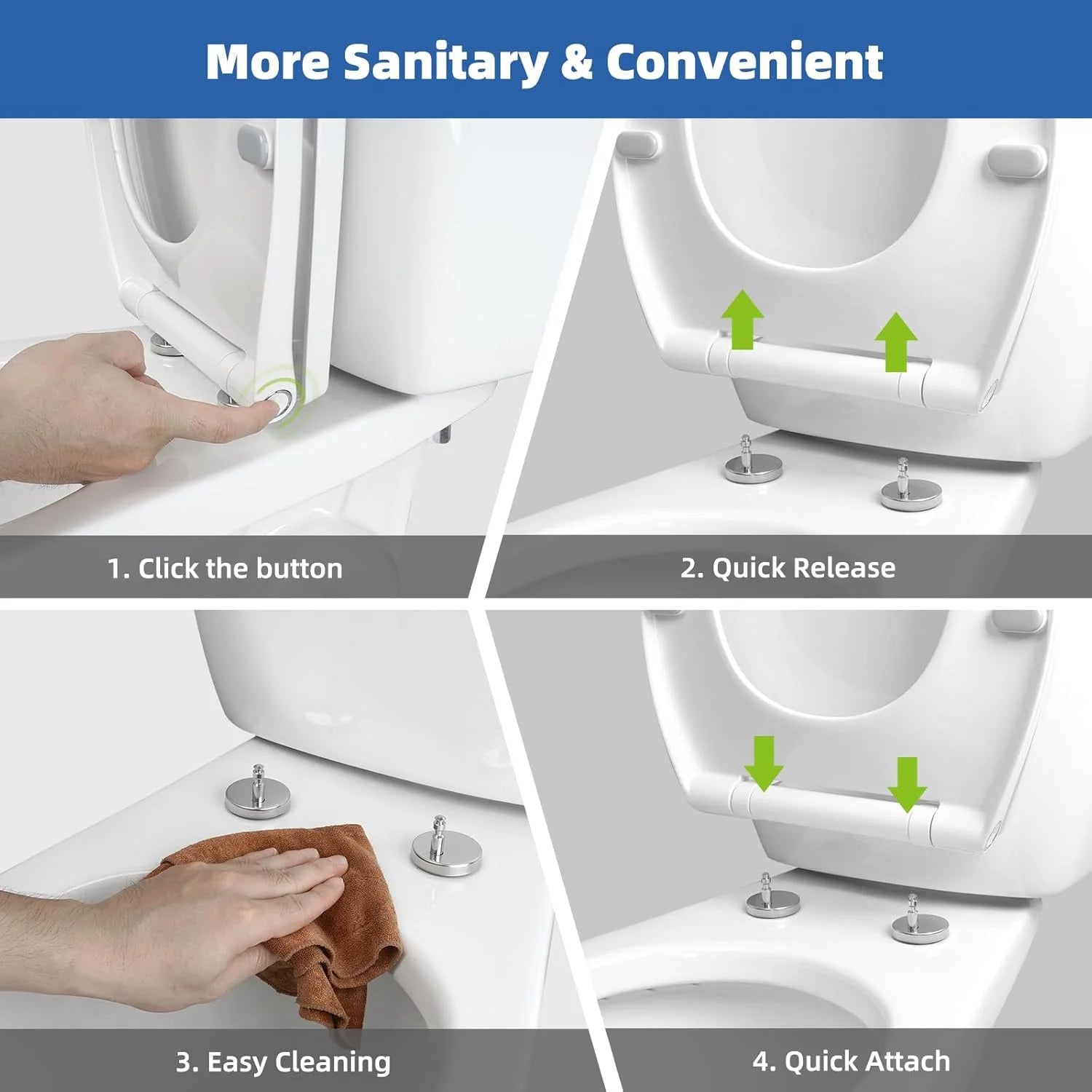 Elongated Toilet Seat with Softclose Cover, One-Click to Quick Release, Easy Installation & Cleaning, Compatible with TOTO/Gerber/Kohler, Non-Slip Toilet Bumpers, White