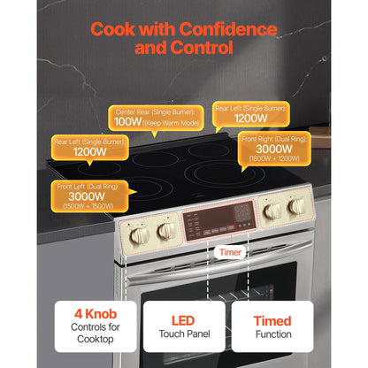 KFFKFF 30-Inch Electric Range Oven, 4.8 Cu. Ft. Freestanding Stainless Steel Stove, Features 5 Burners, Timer, Self-Cleaning, Air Fry Function, Adjustable Racks, and Storage Drawer, Silver