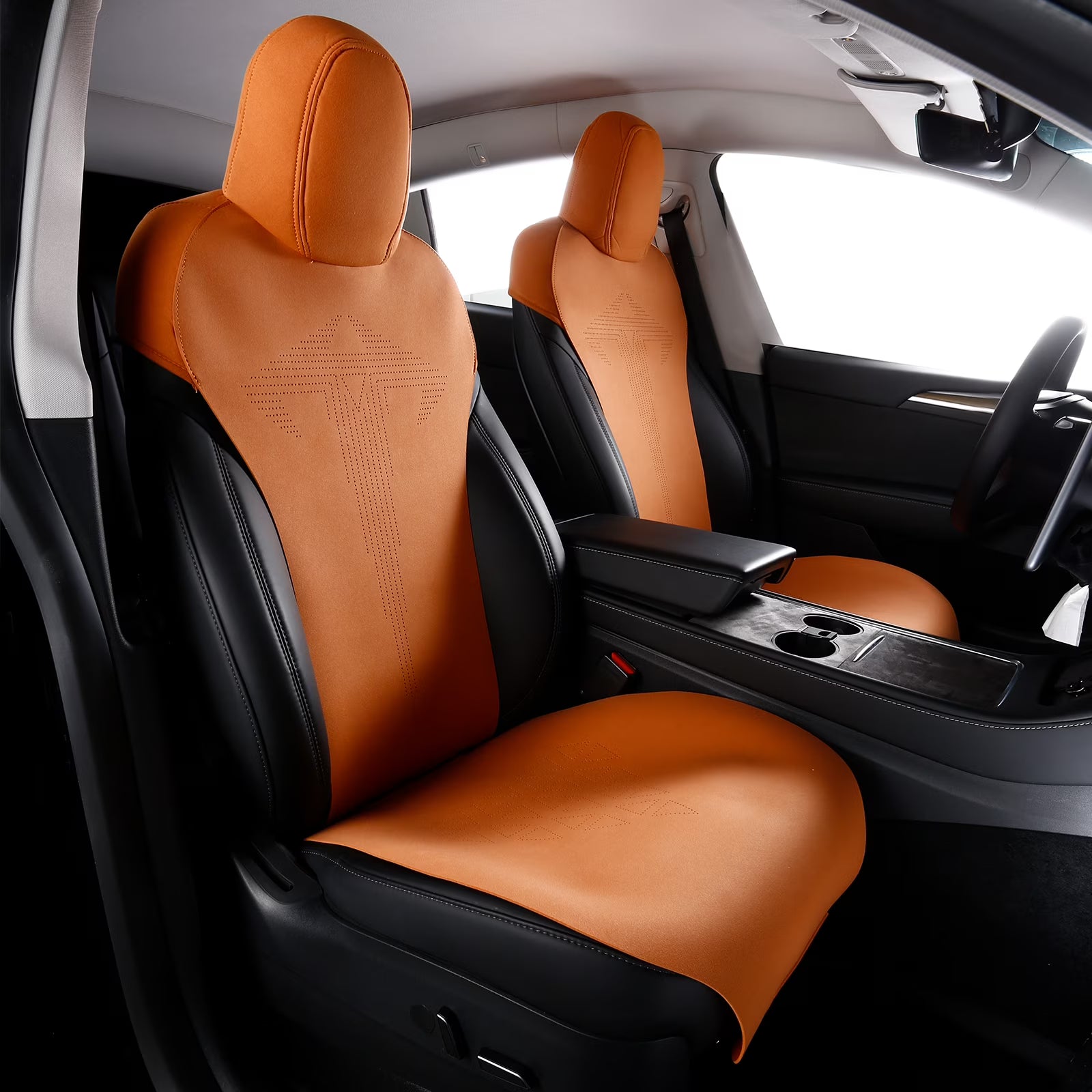 Ikon Motorsports Seat Cover Cushions Compatible With 2020-2024 Tesla Model Y 4-Door, V1 Style White Suede Leather 1st 2nd Row 5-Seat Seat Cover Cushion Protectors