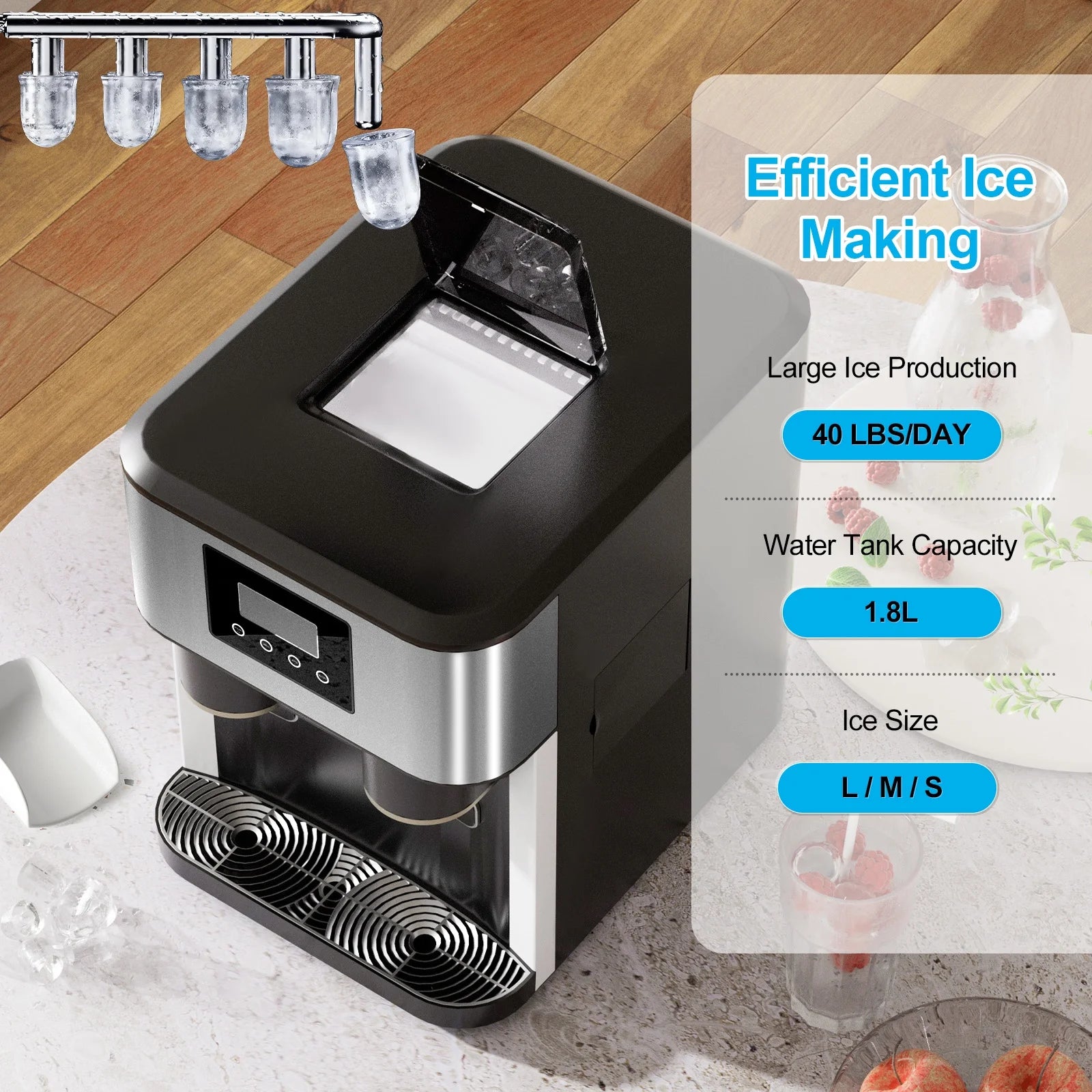 TABU 3 in 1 Ice Maker with Water Dispenser,40 lbs/24H,Ice Machine with Ice Crushing,Self Cleaning,Black