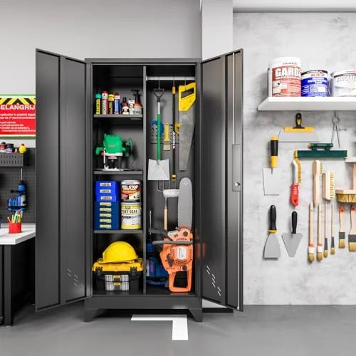 Metal Storage Cabinet, Black Broom Storage Cabinets with Doors and Shelves, Tall Garage Tool Cabinet, Lockable Cleaning Closet Storage Cabinet for Home, Office, Laundry Room, Warehouses