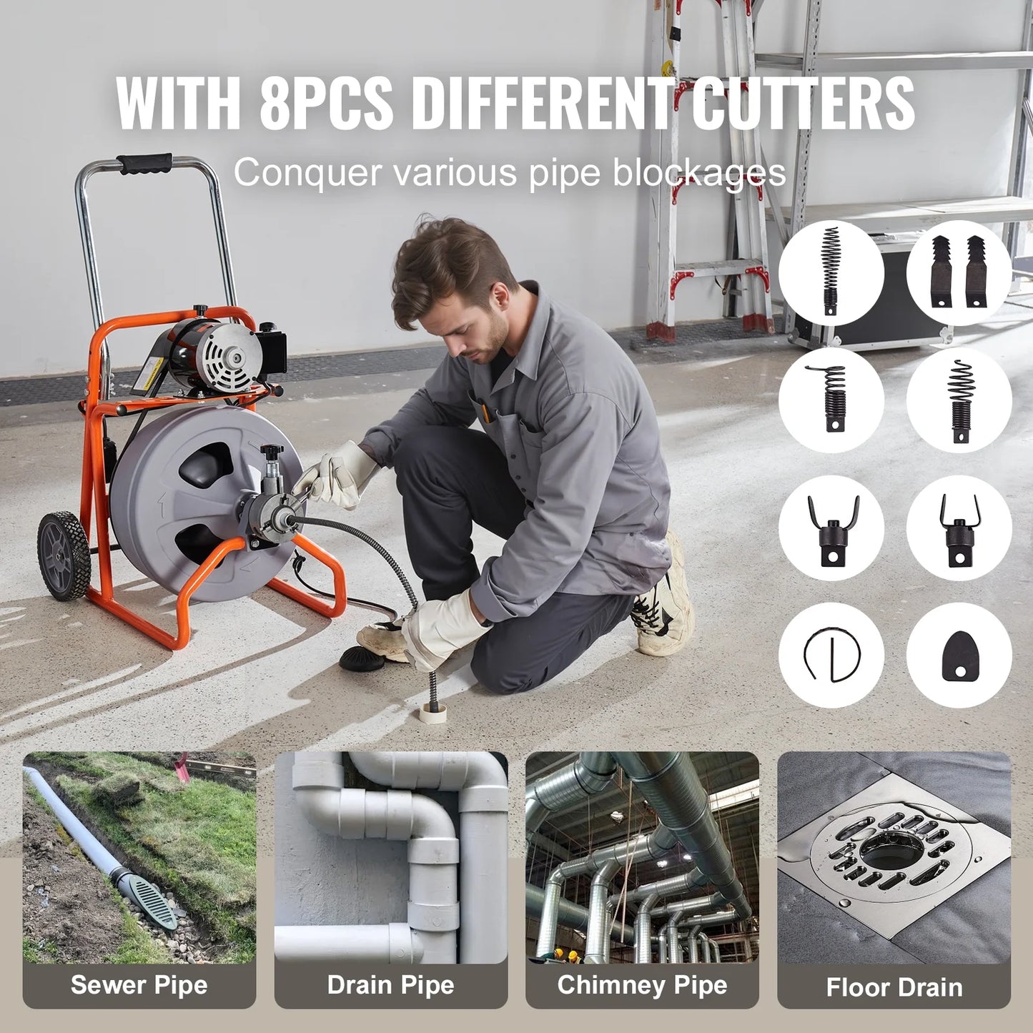 KFFKFF Drain Cleaning Machine 75FT x 1/2 Inch with Auto Feed, Mobile Drain Clearing Equipment, Includes 8 Cutters & Foot-operated Air Switch, Suitable for 2"-4" Pipes