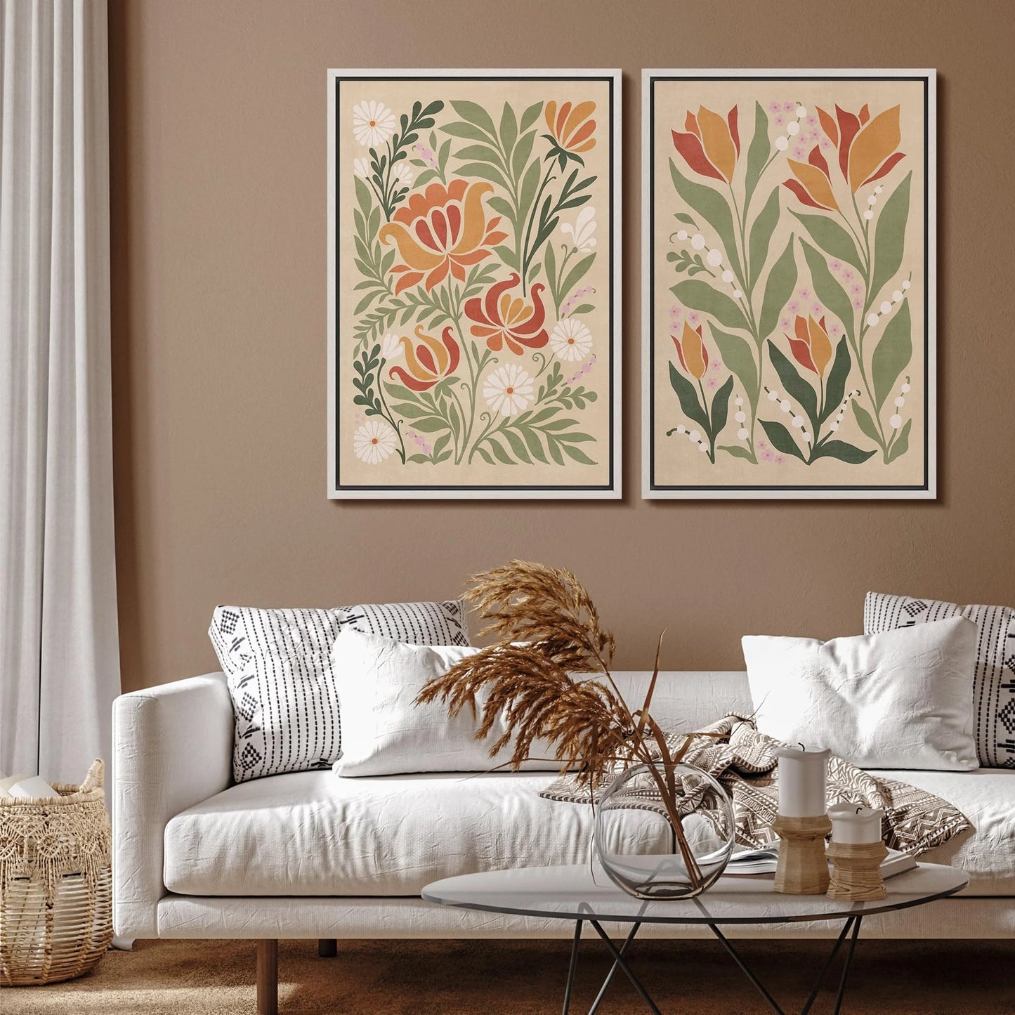 IDEA4WALL Framed Canvas Print Wall Art Set Vintage Floral Classic Botanical Illustration Abstract Garden Flowers Boho Art Modern Wall Decor Colorful Chic Artwork for Home Decor - Natural 24"x36"x2