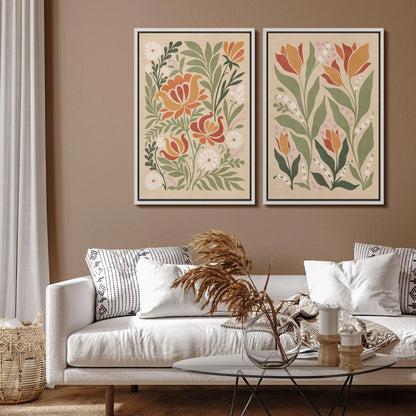 IDEA4WALL Framed Canvas Print Wall Art Set Vintage Floral Classic Botanical Illustration Abstract Garden Flowers Boho Art Modern Wall Decor Colorful Chic Artwork for Home Decor - Natural 24"x36"x2