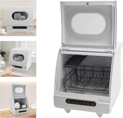 Portable Countertop Dishwasher, 1200W Mini Dishwasher with 12 Water Outlets and 360° Spraying Cleaning, White Fully Automatic Dishwashing Machine for Homes, Dormitories, Recreational Vehicle
