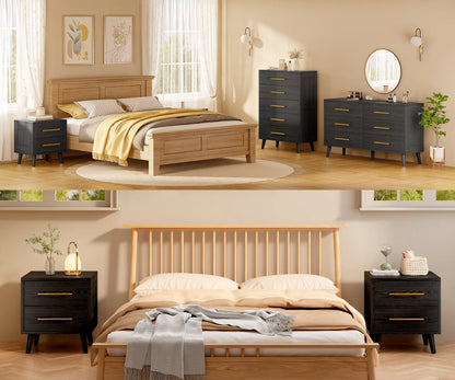 Bedroom Furniture Set - Includes Queen Bed Frame, Nightstands Set of 2, 5-Drawer Dresser & Double Wide 6-Drawer Dresser - Modern Storage Solution for Stylish Home Decor, Black