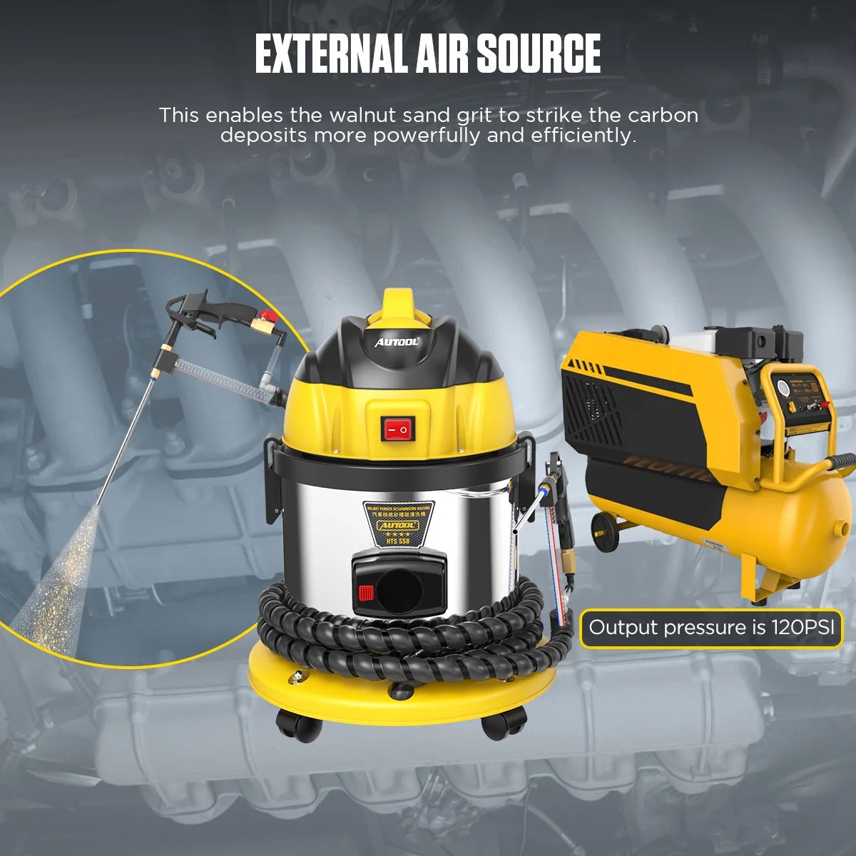AUTOOL HTS558 Walnut Sand Carbon Deposition Clean Machine Walnut Shell Media Powder Sandblasting Machine Automotive Engine Intake Pipe Valve De-Carbon Cleaning Machine for Rust Grime Paint Removing