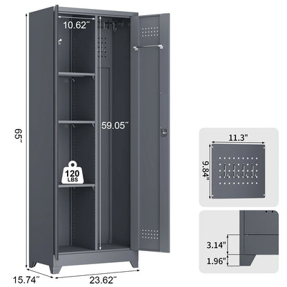 Marcree Broom Closet Storage Cabinet with Lock,65" Tall Garage Storage Cabinet with Hanging Rod,Multifunctional Garage Storage Broom Closet with Doors,Cleaning Tool Cabinet