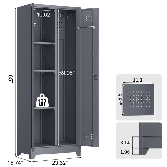 Marcree Broom Closet Storage Cabinet with Lock,65" Tall Garage Storage Cabinet with Hanging Rod,Multifunctional Garage Storage Broom Closet with Doors,Cleaning Tool Cabinet