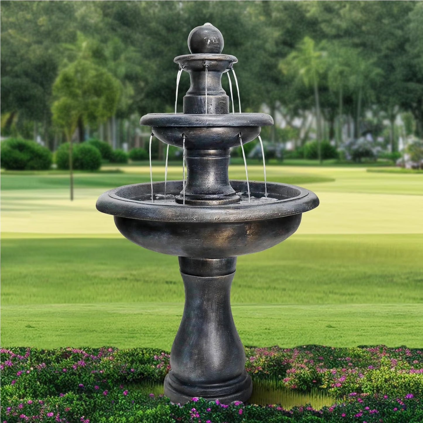 48�?H Outdoor Floor Water Fountain, 3-Tiers Concrete Water Fountain with Submersible Electric Pump - Garden Cascading Waterfall for Yard Patio Lawn Home Decor