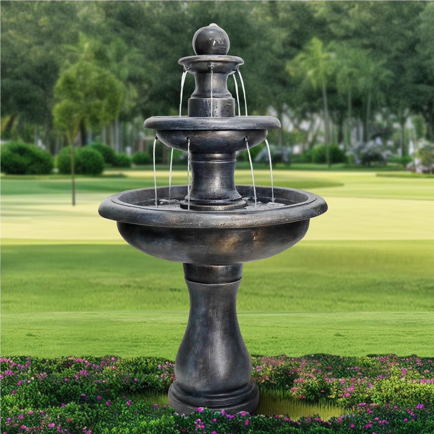 48�?H Outdoor Floor Water Fountain, 3-Tiers Concrete Water Fountain with Submersible Electric Pump - Garden Cascading Waterfall for Yard Patio Lawn Home Decor