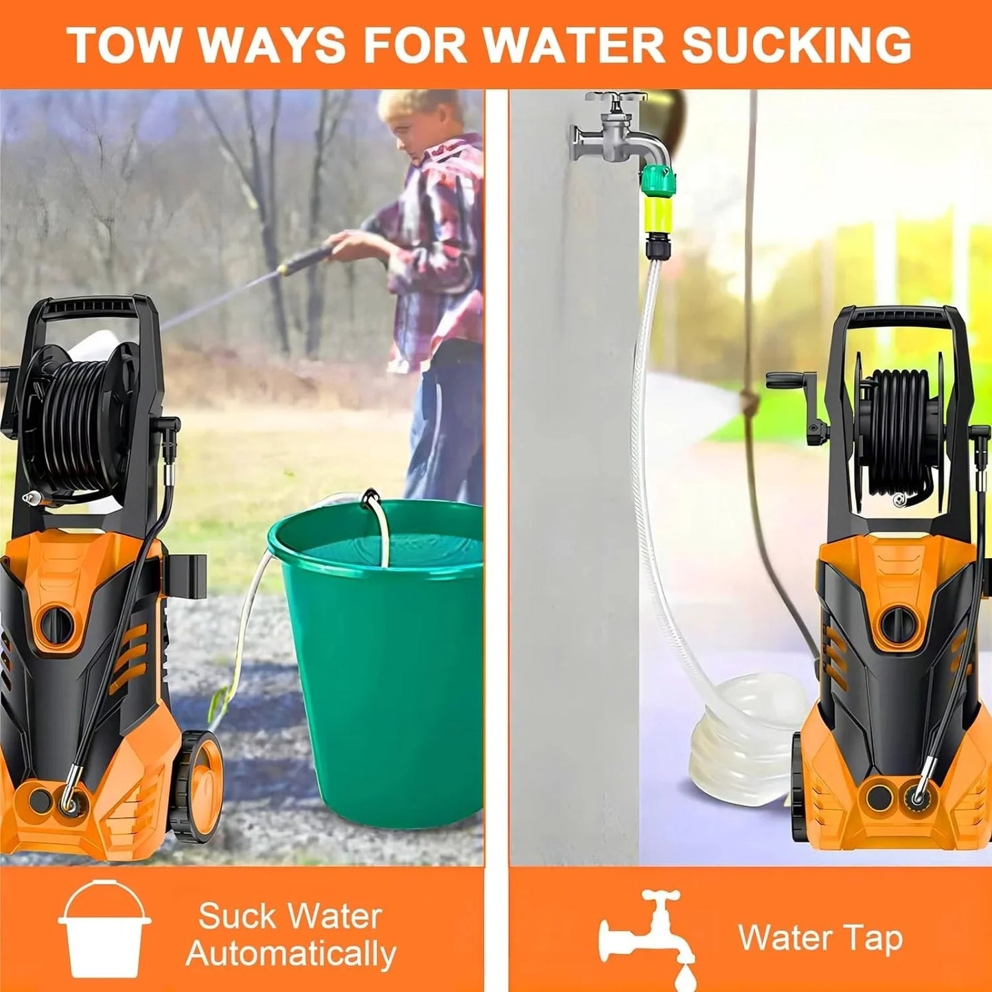 Electric Pressure Washer, 3800PSI 2.6 GPM Power Washer Machine with Hose Reel,4 Quick Connect Nozzles, Foam Cannon, for Cars, Patios, and Floor Cleaning,Orange