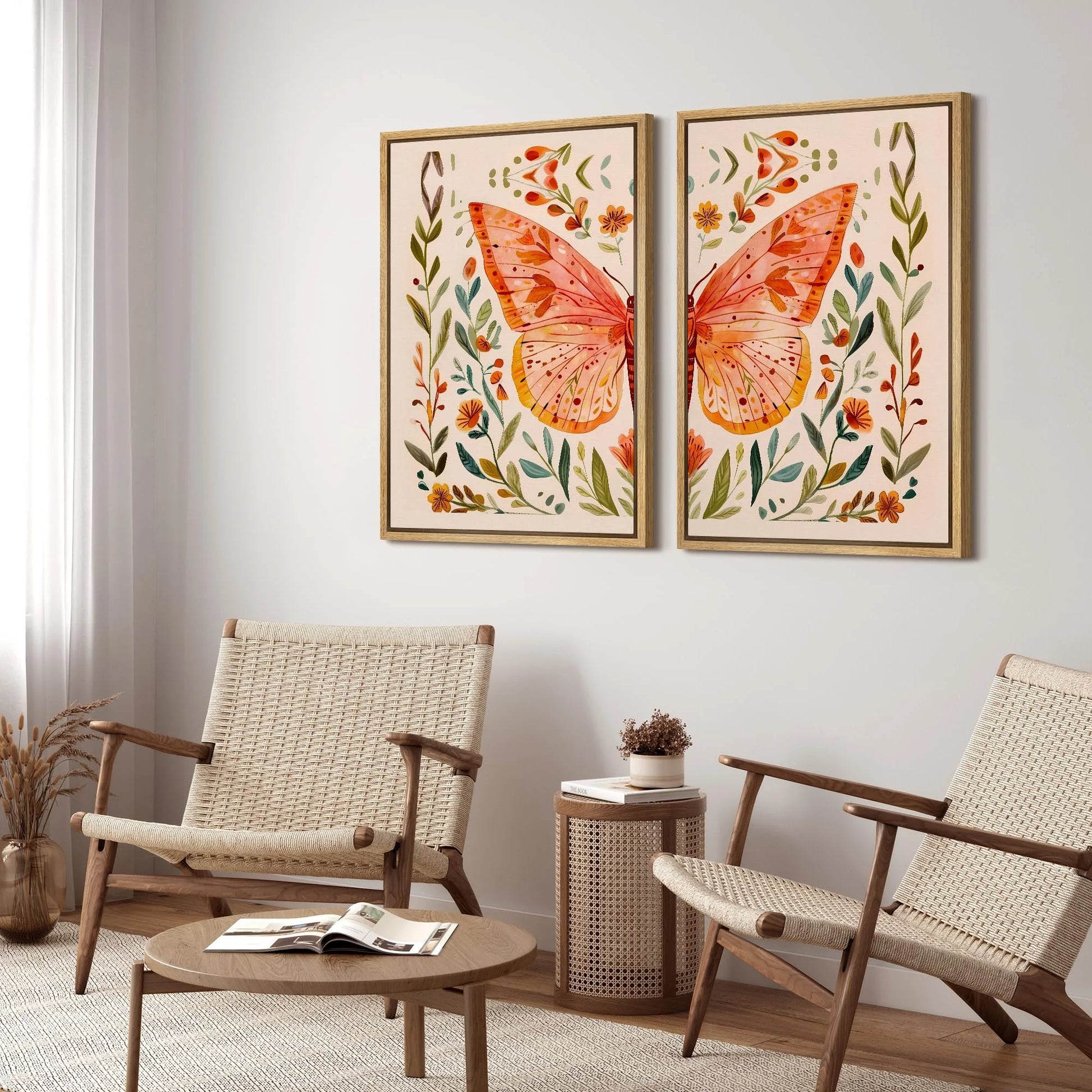 IDEA4WALL Framed Canvas Print Wall Art Set Whimsical Butterfly and Florals Illustration Abstract Botanical Boho Modern Art Wall Decor Colorful Chic Artwork for Home Decor - Natural 24"x36"x2