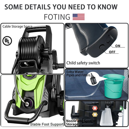 FOTING Electric Pressure Washer, 4500 PSI 3.2 GPM Power Washer with 4 Quick Connect Nozzles, High Pressure Cleaning Machine with Foam Cannon for Cars/Fences/Driveways/Patios/Home Cleaning