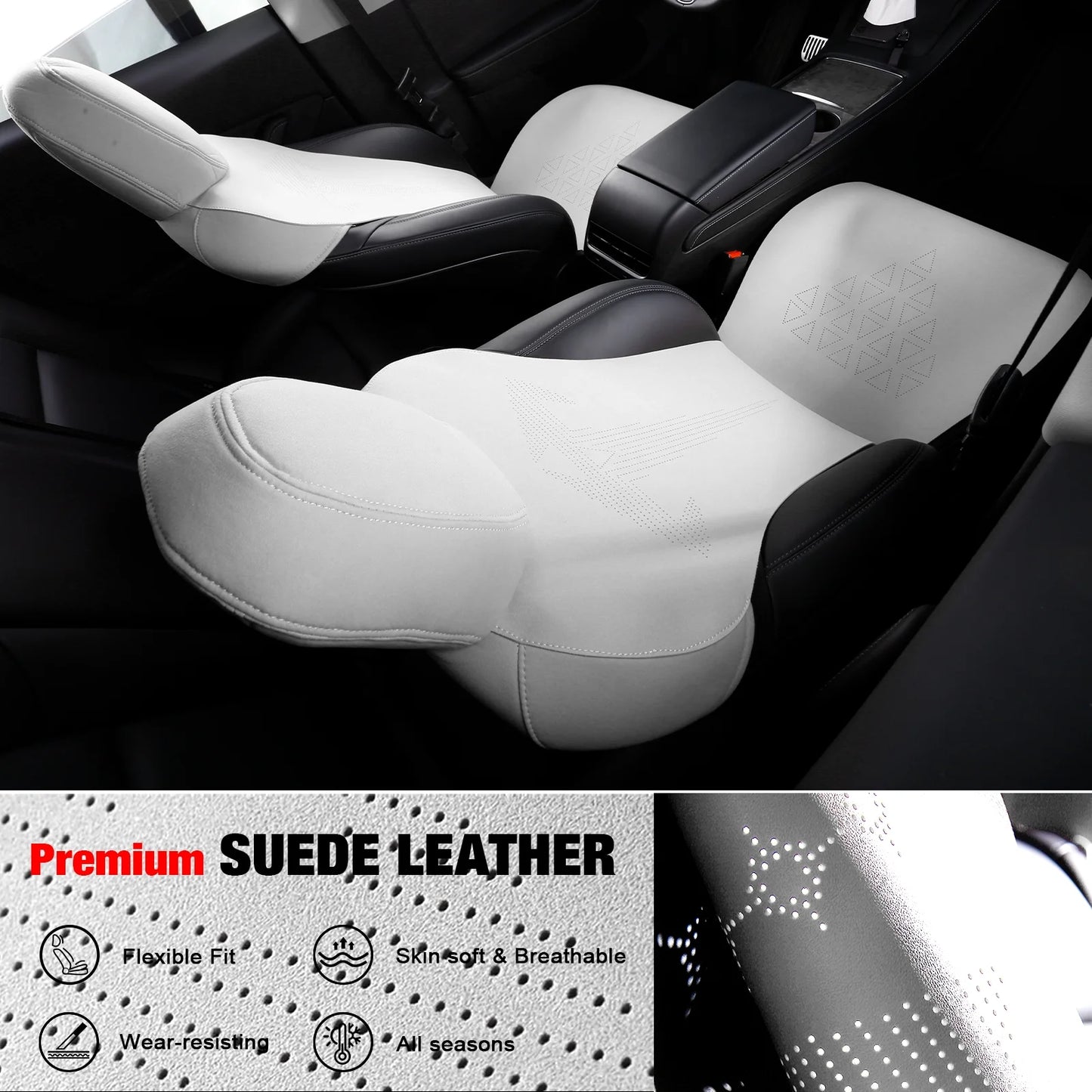 Ikon Motorsports Seat Cover Cushions Compatible With 2020-2024 Tesla Model Y 4-Door, V1 Style White Suede Leather 1st 2nd Row 5-Seat Seat Cover Cushion Protectors