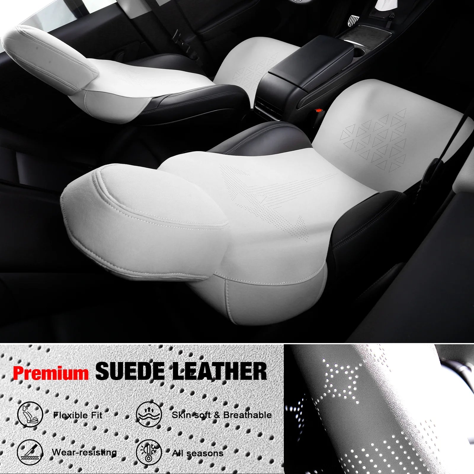Ikon Motorsports Seat Cover Cushions Compatible With 2020-2024 Tesla Model Y 4-Door, V1 Style White Suede Leather 1st 2nd Row 5-Seat Seat Cover Cushion Protectors