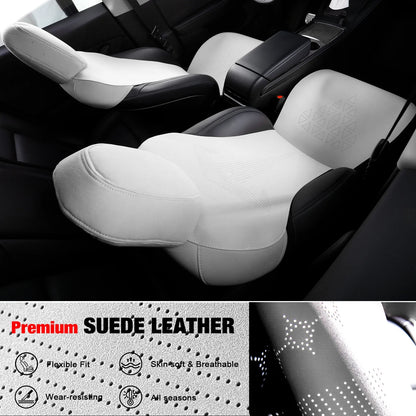 Ikon Motorsports Seat Cover Cushions Compatible With 2020-2024 Tesla Model Y 4-Door, V1 Style White Suede Leather 1st 2nd Row 5-Seat Seat Cover Cushion Protectors