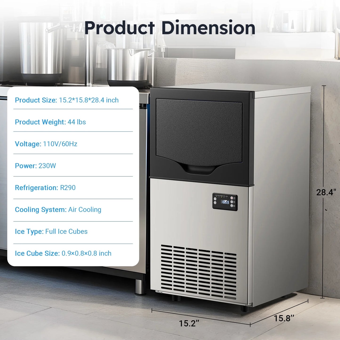 Joreek Under Counter Ice Machine, 100 lbs/24H Commercial Ice Maker with 33lbs Ice Storage, Stainless Steel Freestanding, Self Cleaning Ice Makers for Home/Restaurant/Bar
