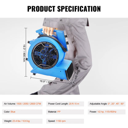 KFFKFF Ground Fan, 1/2 HP, 2600 CFM Air Circulator for Evaporation and Temperature Reduction, Compact Rug Drying Device with Quad Directional Airflow and Timer Feature, Suitable for Cleaning Services