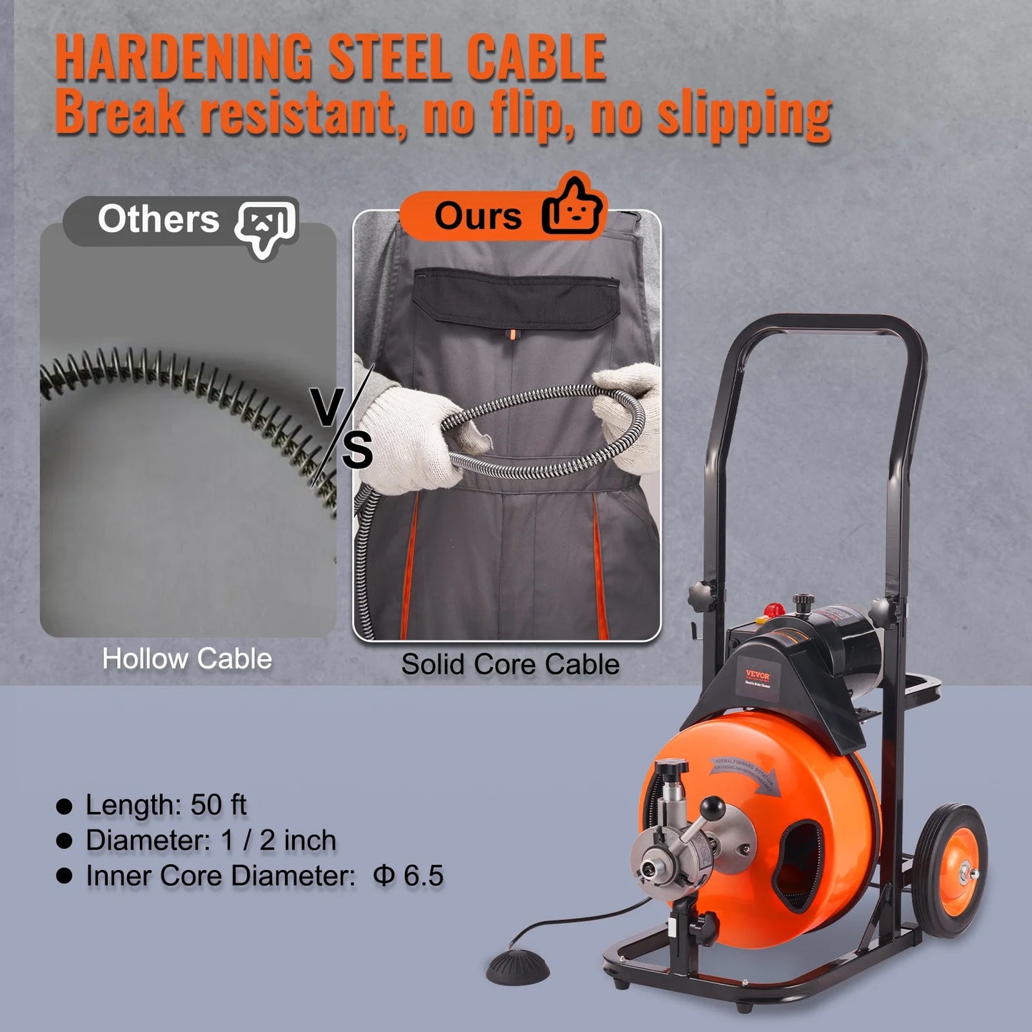 VEVOR Drain Cleaning Machine 50 FT x 1/2 Inch, Sewer Auger Auto Feed with 4 Cutter & Air-activated Foot Switch for 1" to 4" Pipes, Orange, Black