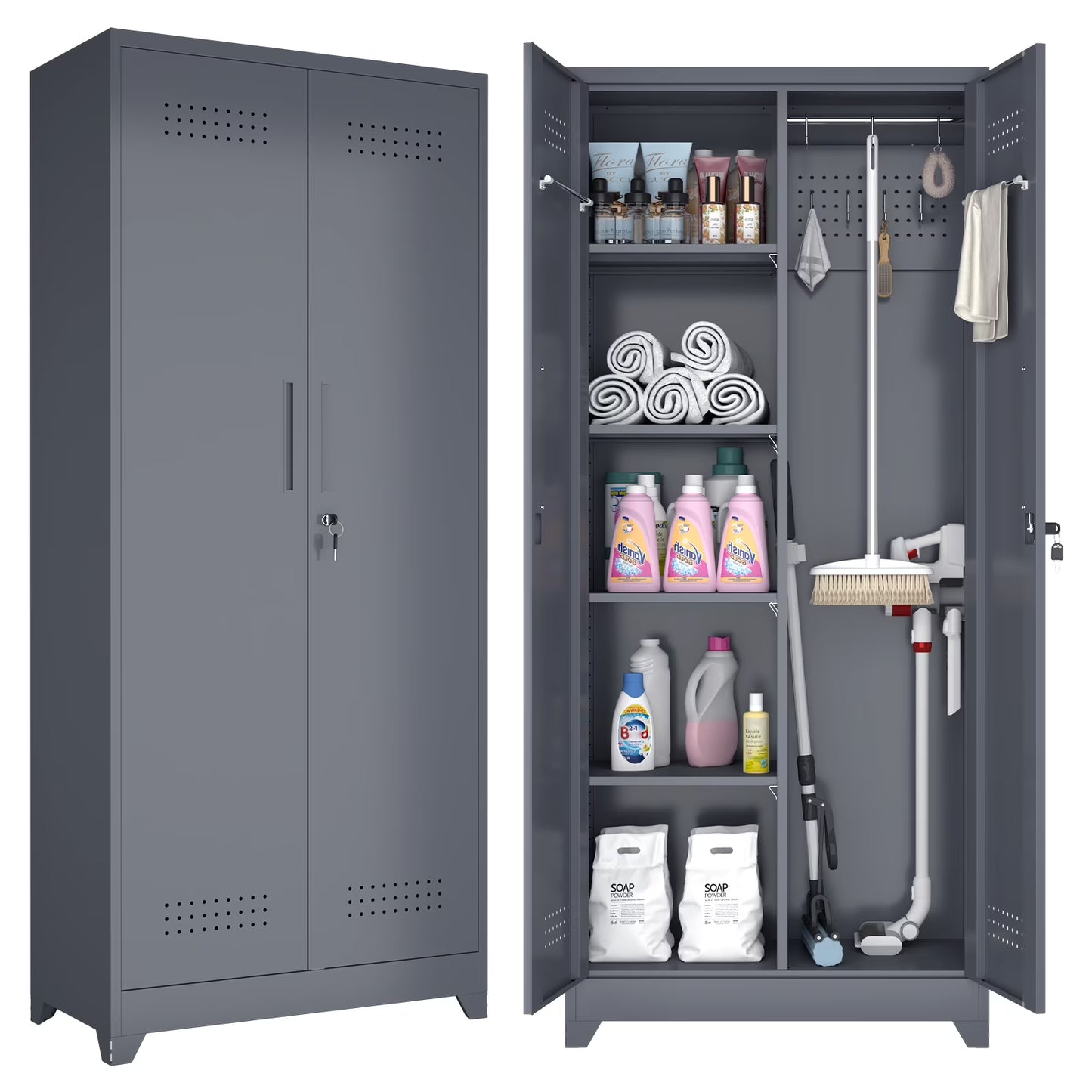 Marcree Broom Closet with Locking Doors,72.8����H Cleaning Tool Storage Cabinet with Hanging Rod & Hooks,Heavy-Duty Tool Garage Storage Cabinet for Utility Room,Grey
