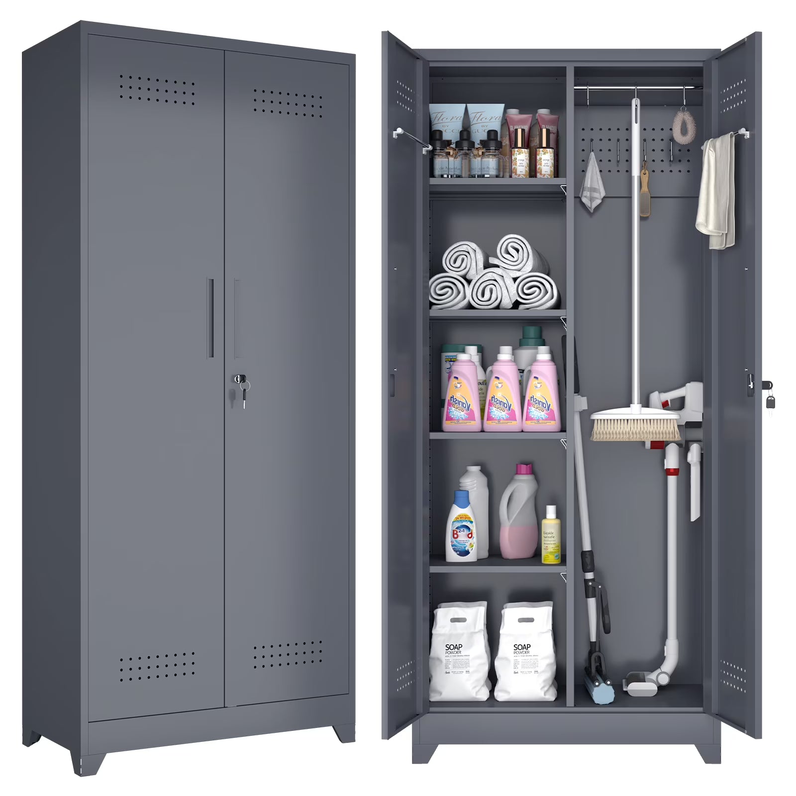 Marcree Broom Closet with Locking Doors,72.8����H Cleaning Tool Storage Cabinet with Hanging Rod & Hooks,Heavy-Duty Tool Garage Storage Cabinet for Utility Room,Grey