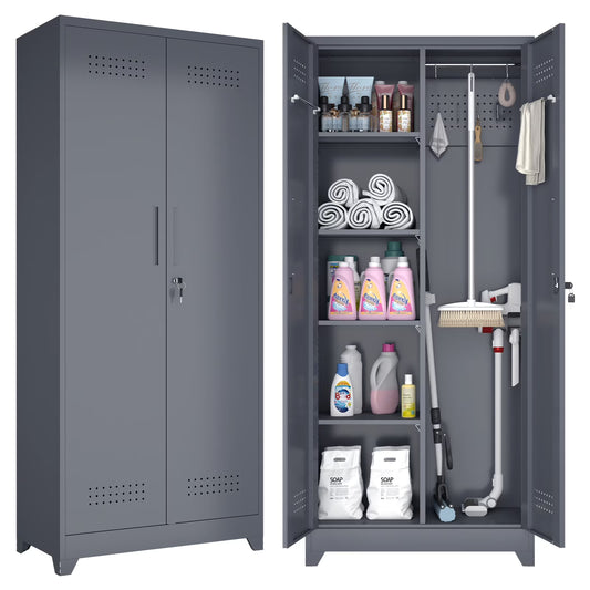 Marcree Broom Closet with Locking Doors,72.8����H Cleaning Tool Storage Cabinet with Hanging Rod & Hooks,Heavy-Duty Tool Garage Storage Cabinet for Utility Room,Grey