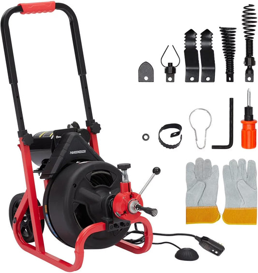 AOILE Drain Cleaning Machine 75Ft x 1/2 in, Electric Drain Auger for 2-4 Inch Pipes with Cutters & Glove
