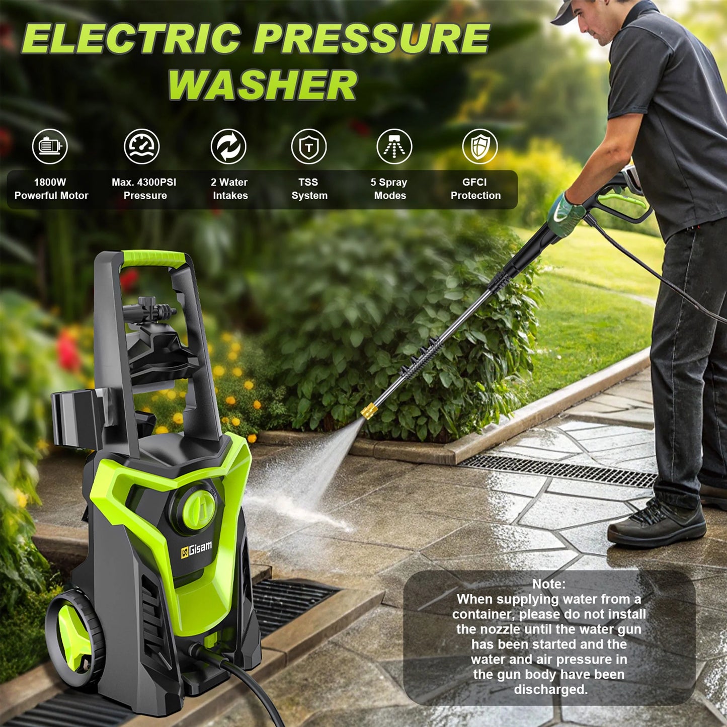 Gisam Electric High Pressure Washer, 4300 PSI 2.5 GPM, with 4 Quick Connect Nozzles, Foam Can, for Cars/ Fences/ Driveways/ Patios / Home Cleaning
